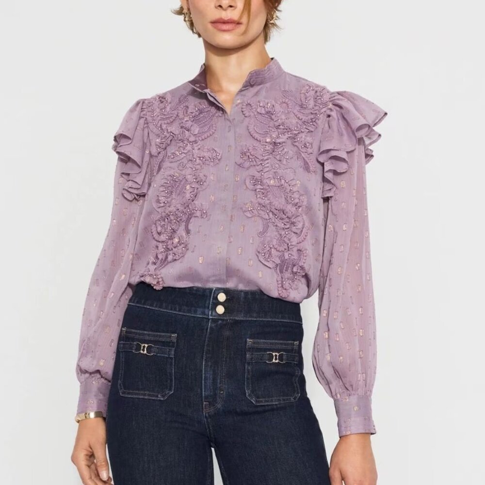 White House Black Market Chiffon Floral Appliqué Blouse – Size S, Enchanted, NWT - Picture 2 of 4
